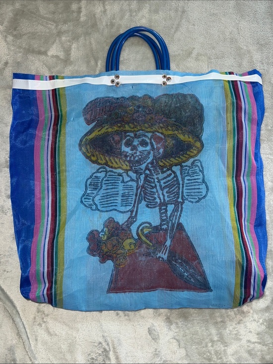 Handbags - Blue Graphic Day of the Dead Tote with Multicolor Stripes